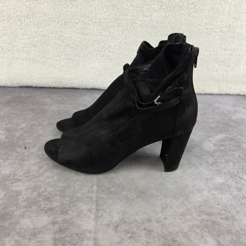 Brash Black Faux Suede Peep Toe Ankle Boots Block Heel Buckle Strap S1918